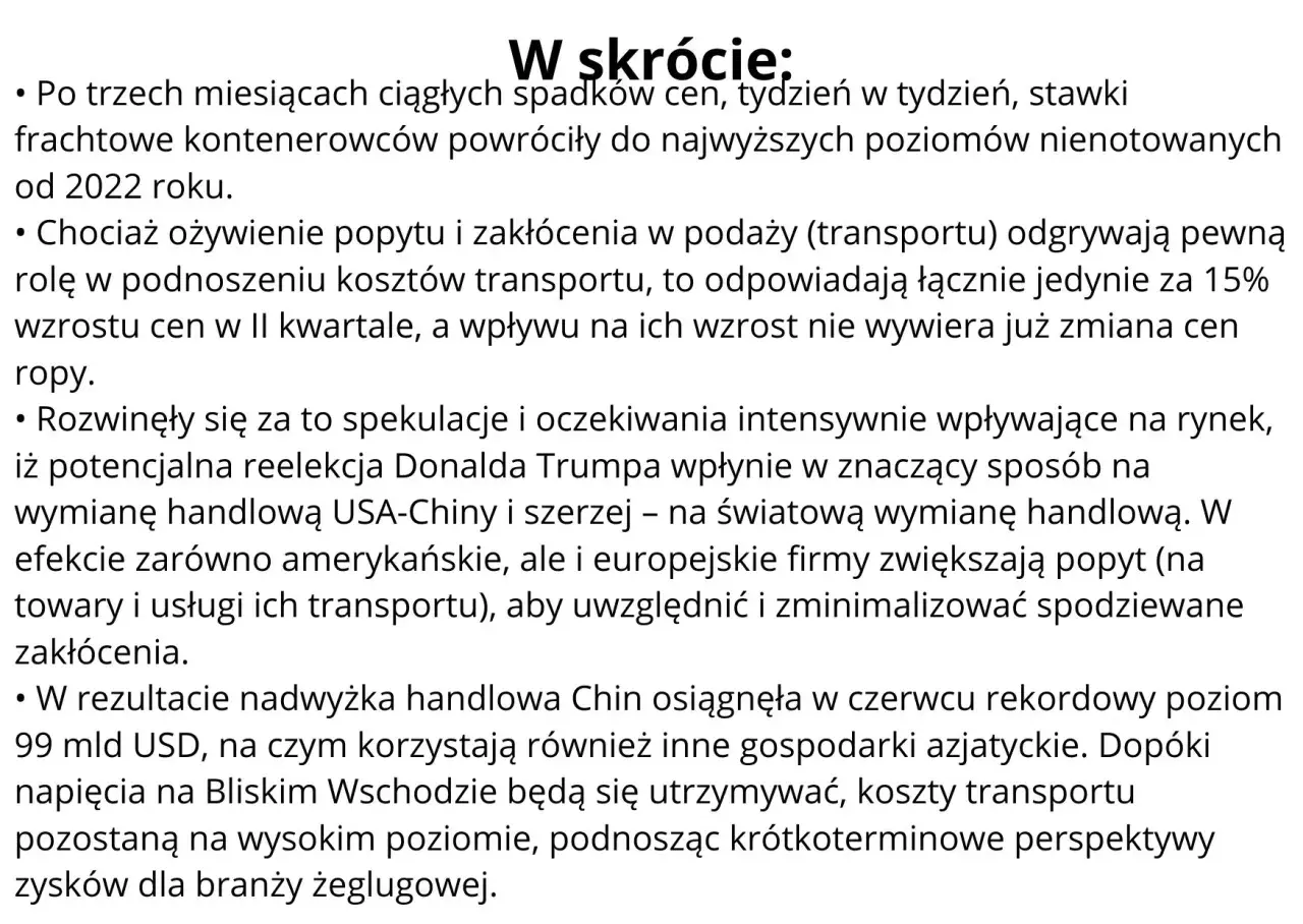 Stawki frachtowe kontenerowców rosną, wpływając na koszty transportu. Spekulacje i napięcia geopolityczne podnoszą perspektywy zysków dla żeglugi.