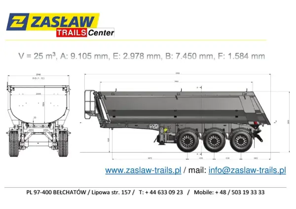 Rysunek techniczny naczepy ZASŁAW. Wymiary i objętość 25 m³ wskazują na dużą ładowność naczepy tira.