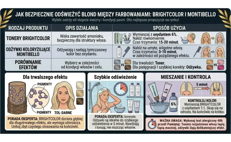 Porównanie tonerów i odżywek do włosów: BRIGHTCOLOR dla trwałego efektu, MONTIBELLO dla szybkiego odświeżenia. Różne cmr kolory i sposoby użycia.